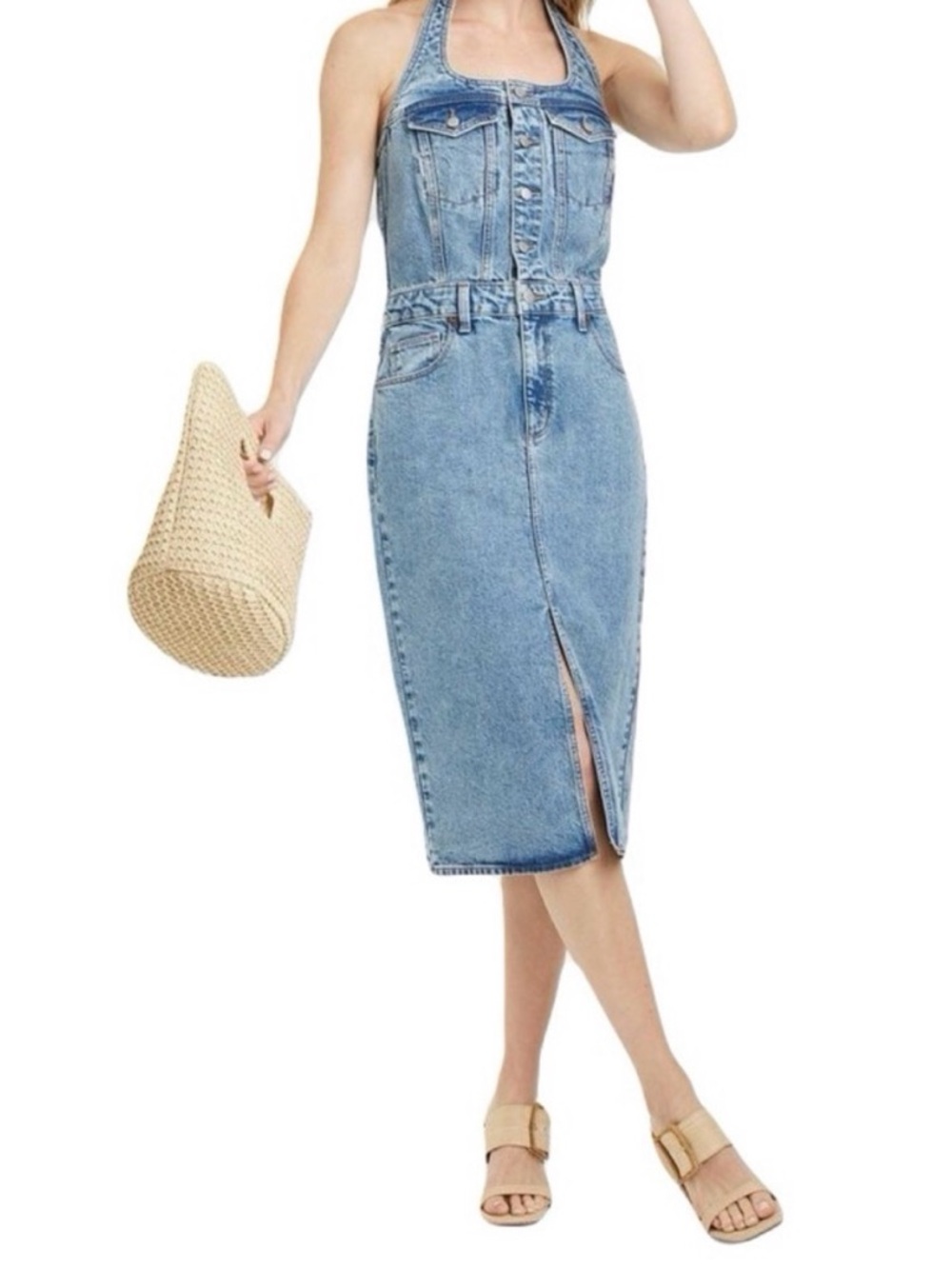 Universal Thread Light Blue Denim Halter Midi Dress